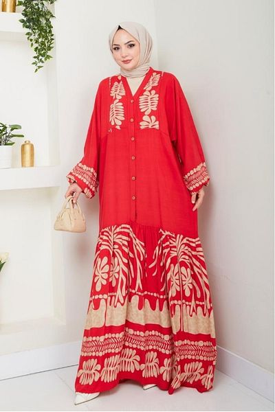 Bestenur Φόρεμα Alyes Half Button Viscose 1503 - Claret Red