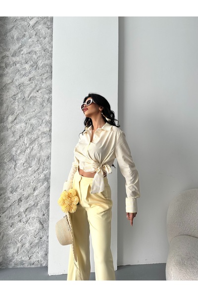 Moda İkra πουκάμισο ποπλίνα με ρίγες και κορδόνι στο πλάι