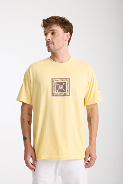Tarz Cool Men's Yellow Cool Front and Back Printed Oversize Crew Neck T-Shirt