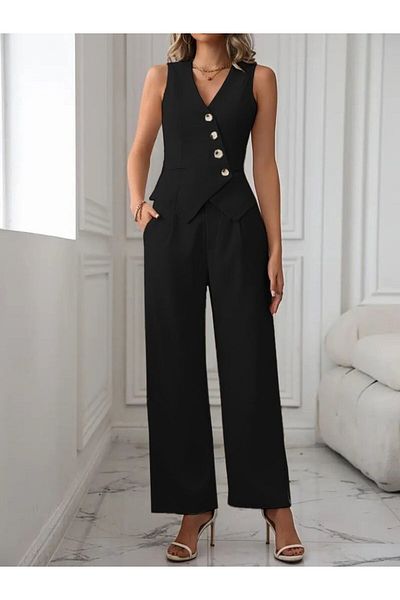 Viyamo New Season Women's Zero Sleeve Cross V-Neck Front Buttoned Atlas Vest and Pants Two-Piece Set