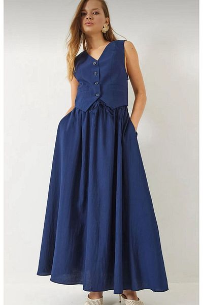 FEMİNEER.com Long Blue Elastic Skirt with Pockets
