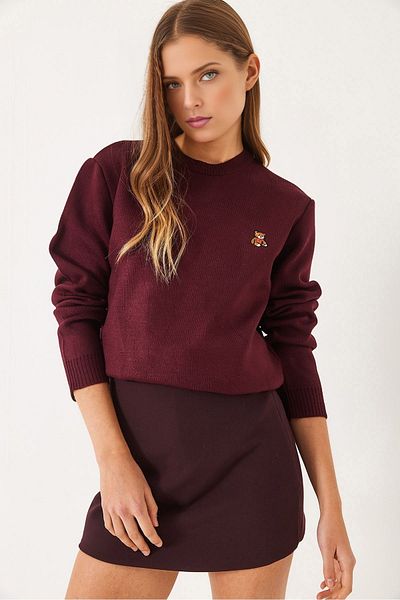 KURGAN TEKSTİL Women's Teddy Embroidered Crew Neck Basic Sweater