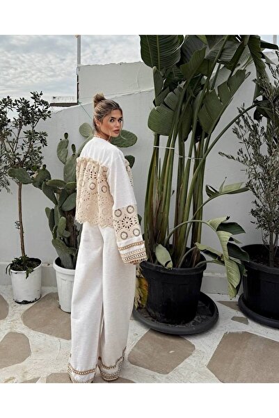 Bak'ap Premium Design Guipure Pearl Embroidered Lace Linen Shirt Loose Wide Leg Pants Set