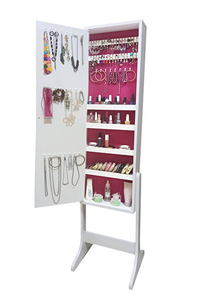 First Mobilya Number one -YK- Demonte Ayaklı Aynalı Takı Dolabı Hediyelik Çok Amaçlı G-Beyaz K-Fuşya