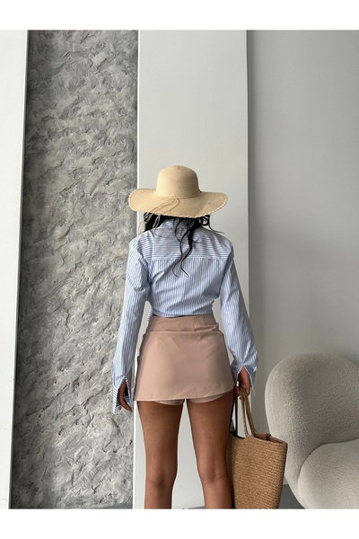 Moda İkra πουκάμισο ποπλίνα με ρίγες και κορδόνι στο πλάι