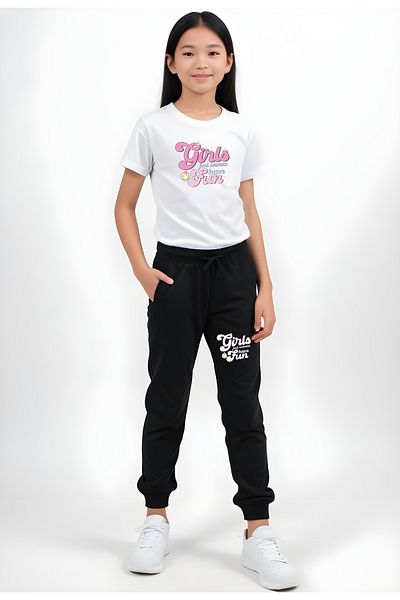 FYK KİDS Girl's Round Neck Printed Girls Fun Lower-Top Pjamas Suit