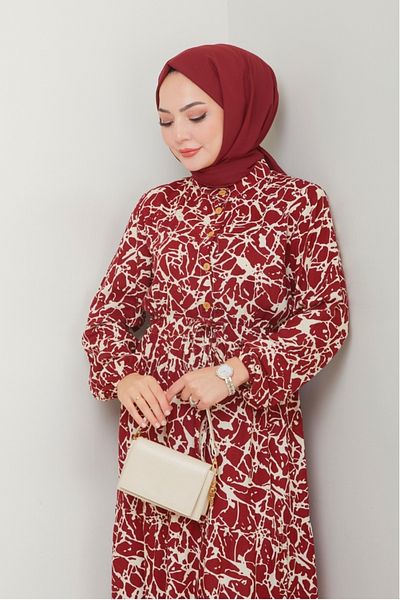 Bestenur Sevil Φόρεμα με μισό κουμπί υφαντό βισκόζη 1504 - Claret Red