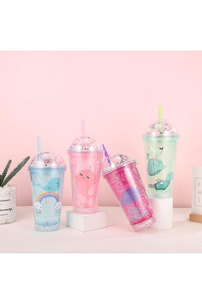 Honney Boutique Led 3D Colorful Lighted Mica Water Bottle Flask Water Bottle Cocktail Glass with Straw Lighted Figure