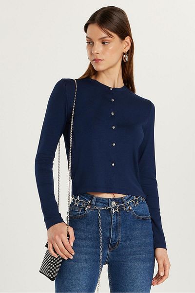 Tudors Women's Standard Fit Regular Cut Crew Neck Navy Blue Cardigan