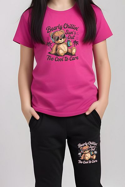 FYK KİDS Girl's Round Neck Printed Bearly Chillin Lower-Top Pjamas Suit