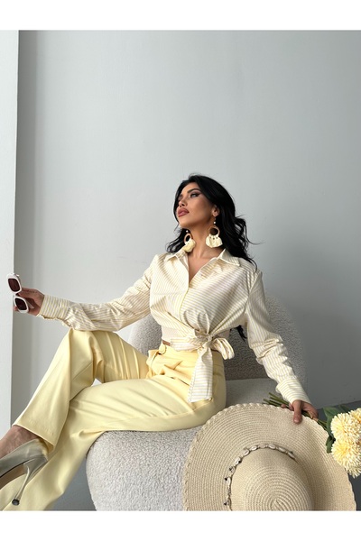 Moda İkra πουκάμισο ποπλίνα με ρίγες και κορδόνι στο πλάι