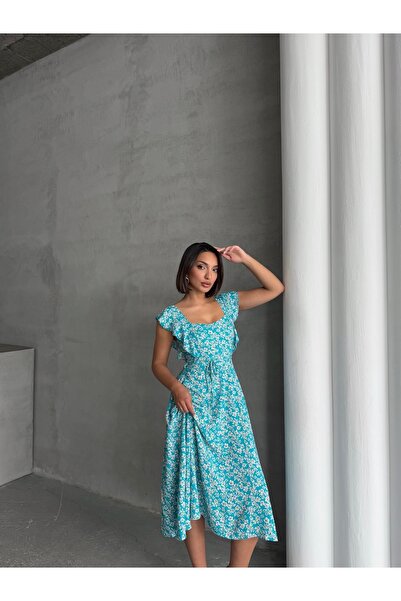 BEJNA Rochie de vară țesătă cu volane cu imprimeu floral turcoaz pentru femei