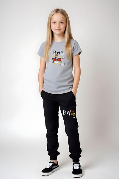 FYK KİDS Girl's Round Neck Printed Boy Cat Lower-Top Pjamas Suit