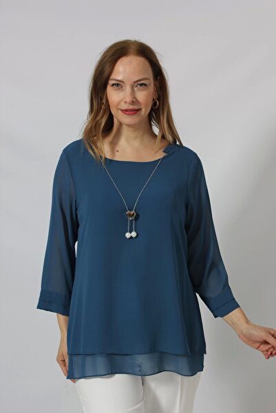 Moda Berray 1934 Kolye Yakalı Şifon Büyük Beden Şık Bluz Petrol