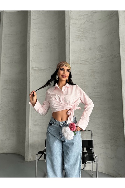 Moda İkra πουκάμισο ποπλίνα με ρίγες και κορδόνι στο πλάι