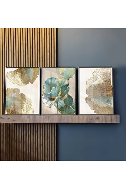 Harikabirev HARİKABİREV | COMBINAT DE FLORI ETERNITATE GOLD-TURQUOISE SOFT | TABLO DE STICLA TEMPLATA CU CADRU 3 PIESE VERTICAL