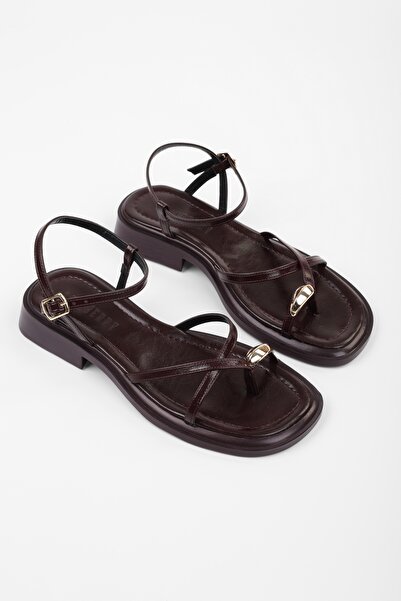 Shoeberry Women's Bianca Burgundy Skin Buckle Sandals