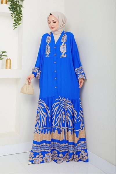 Bestenur Φόρεμα Alyes Half Button Viscose 1503 - Saks Blue