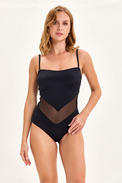 Argento Tulle Detail Straplerz Swimsuit Black