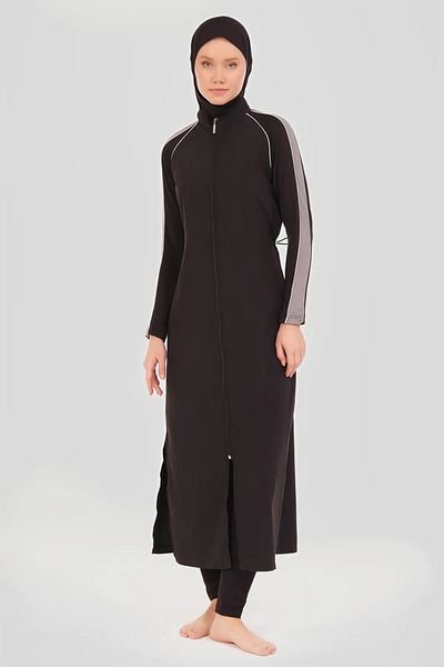 Bordomix 24501 Women's Black Sleeve Stripe Detailed Long Hijab Swimsuit
