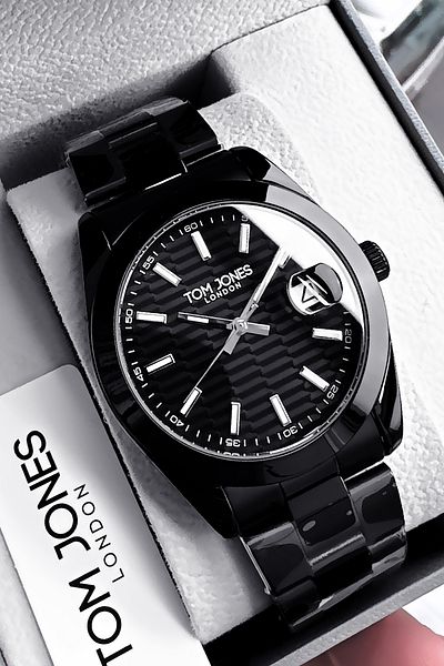 Tom Jones Calendar Men's Wristwatch 3 Atm Waterproof Black Color Steel Cord Bracelet Gift Gtje2055C5
