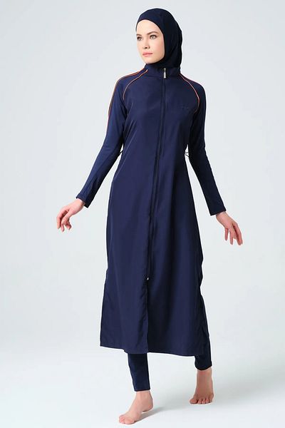 Bordomix 24501 Women's Navy Blue Sleeve Stripe Detailed Long Hijab Swimsuit