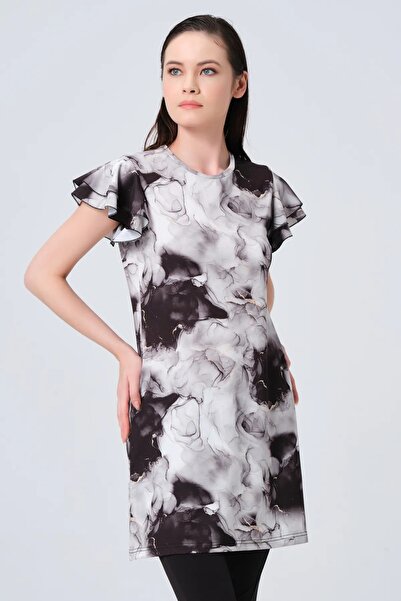 Bordomix 23731 Women's Black Patterned Sleeve Ruffle Detailed Short Sleeve Semi Covered Swimsuit