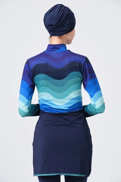 Bordomix 23690 Women's Navy Blue Wave Patterned Hijab Swimsuit with Skirt