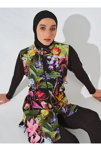 Bordomix 24403 Women's Black Floral Patterned Hijab Swimsuit