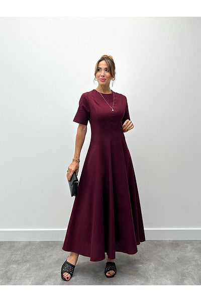 Maldia Shop Women's Maxi Length Burgundy Linen Dress