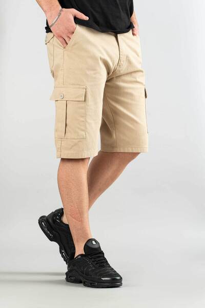 bombe Erkek Bej Basic Gabardin Bermuda Kanvas Likralı Kargo Cepli Şort