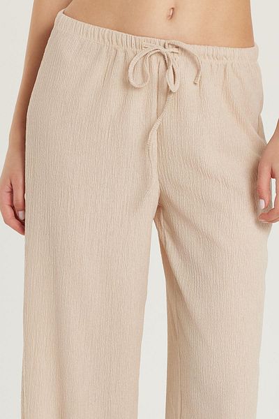 Tudors Women's Slim Fit Seersucker Raschel Waist Lace up Wide Leg Beige Trousers