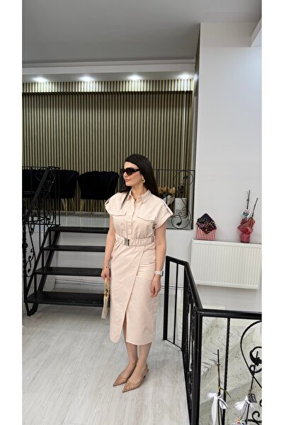 Butik Pudra krem renk keten beli metal klipsli lastikli kemerli uzun elbise