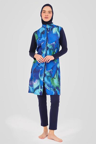 Bordomix 24401 Women's Navy Blue Patterned Hijab Swimsuit