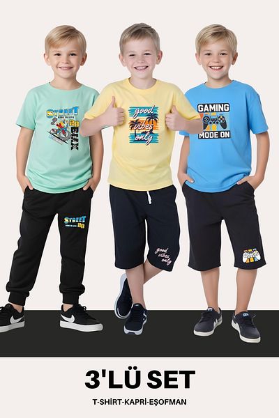 FYK KİDS Boy's 3-Piece Set T-Shirt-Capry-Training Suits
