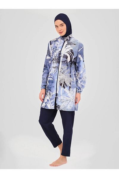 Bordomix 24204 Women's Navy Blue Patterned Zipper Closure Hijab Swimsuit