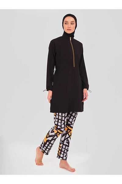 Bordomix 24302 Women's Black Sleeve Adjustable Patterned Hijab Swimsuit