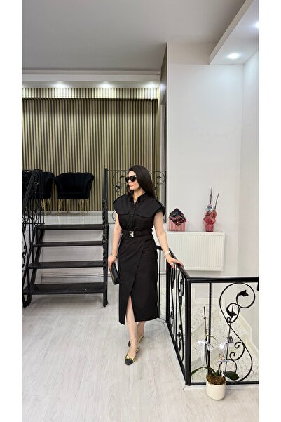 Butik siyah keten beli metal klipsli lastikli kemerli uzun elbise