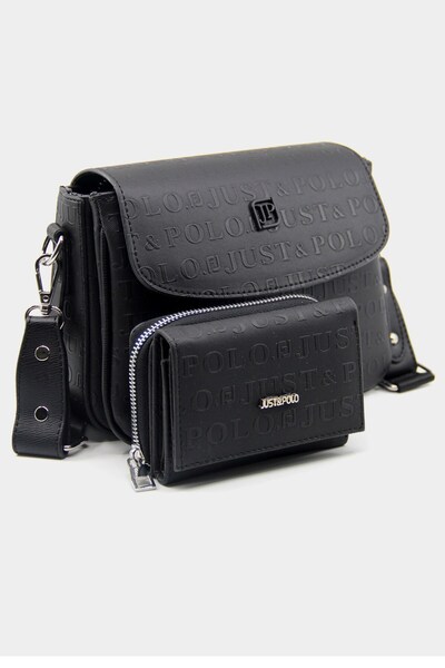 Just Polo Kadın Siyah Baskı Desenli Kolon Askılı 3 Bölmeli Omuz Çantası ve Cü...