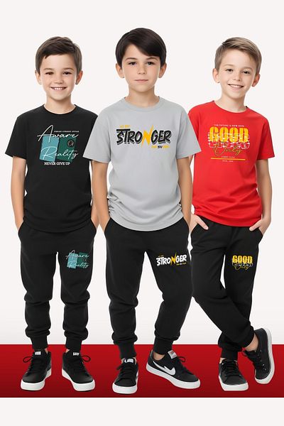 FYK KİDS Boy's Set of 3 the Moon-Good Text Printed Summer Top-Bottom Set