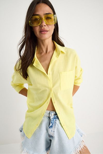 Bianco Lucci Women's Single Pocket Oversize Linen Shirt 25626 60284054