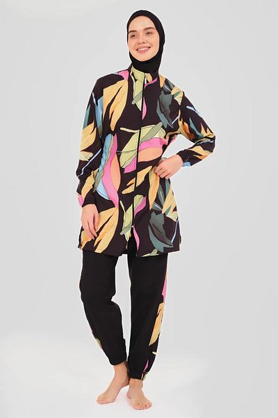 Bordomix 24205 Women's Black Colored Patterned Zipper Closure Hijab Swimsuit