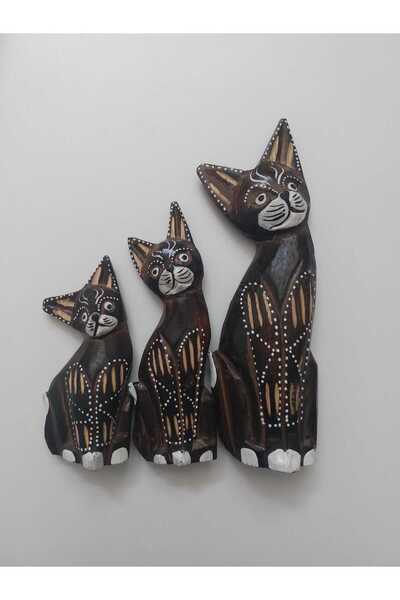 M.C Ahşap Kedi Ailesi Biblo El Yapımı - 25 cm