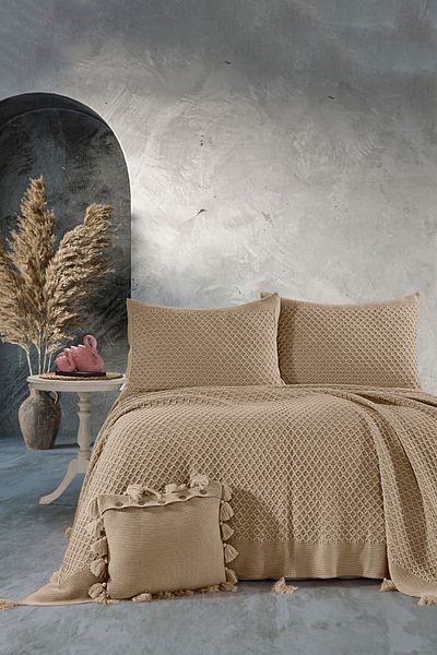 DOUX HOME طقم سرير تريكو مزدوج من كلفن مقاس 240 × 260 سم بسكويت