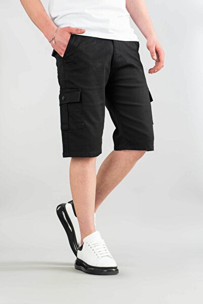 bombe Erkek Siyah Basic Gabardin Bermuda Kanvas Likralı Kargo Cepli Şort