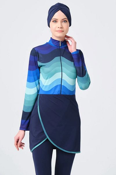 Bordomix 23690 Women's Navy Blue Wave Patterned Hijab Swimsuit with Skirt