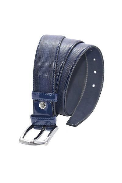 Süzer Deri Navy Blue Patent Leather Faux Leather Patterned 3.5 cm Classic Belt - 8005-80