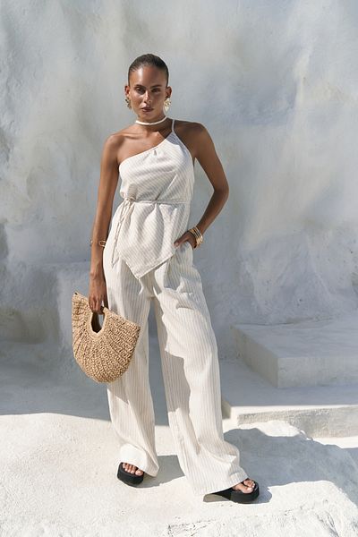 BOHEMAİ Set pantaloni crop bej cu dungi Behin
