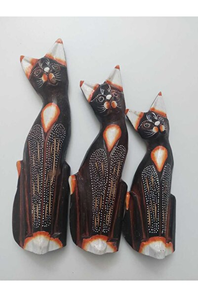 M.C Kedi Ailesi Biblo Ahşap 3'lü El Yapımı - 34 cm