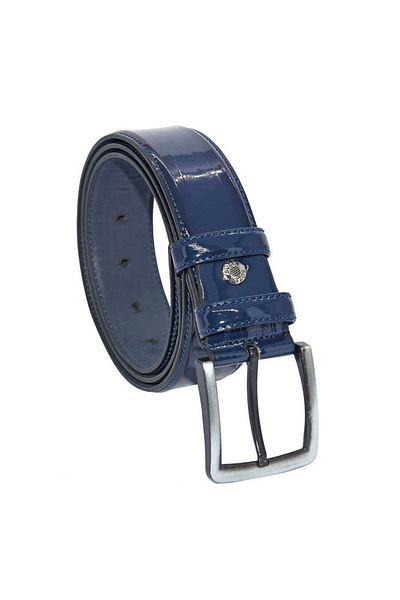 Süzer Deri Navy Blue Patent Leather Faux Leather Stitched 4 cm Classic Belt - 7400-95